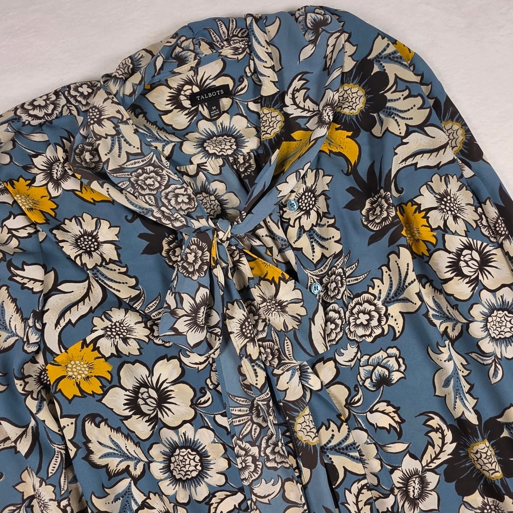 Talbots Womens Blue Floral Tie Neck Blouse Long Sleeve Button Up Top‎ Size M